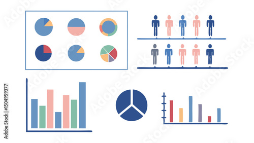 A collection of various graphs and charts including pie charts bar graphs and people icons on a white background