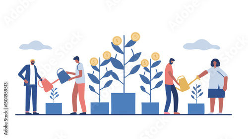 People watering plants with coin flowers growing in pots on a white background with clouds above them all