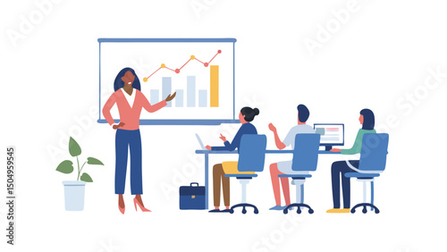 A woman presenting a graph to a group of people sitting at a table in a meeting or conference room setting
