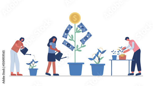 People watering money plants and harvesting cash in a flat vector illustration on white background
