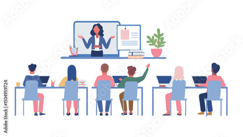 A virtual classroom setting with students watching a teacher on a large screen during an online lesson