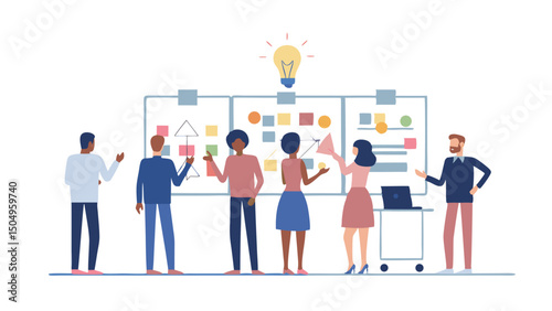 A diverse group brainstorming ideas in a meeting room with a lightbulb shining above the whiteboard
