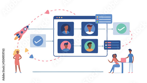 Illustration of a virtual meeting interface with people, a rocket and a checklist on a white background