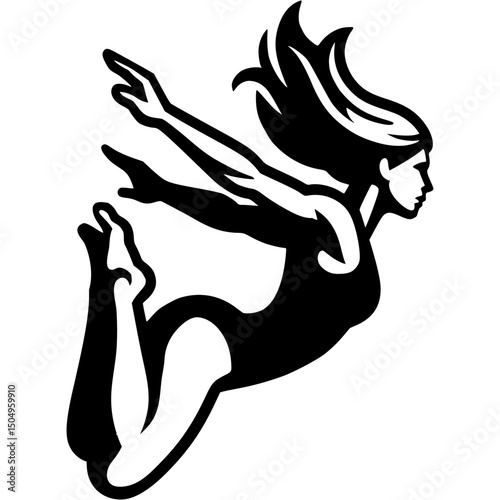 Sport emblem of female ski jumper dressed in a swimsuit flies in free fall after jumping into water in monochrome. Engraving minimalistic vector in black ink drawing on transparent background