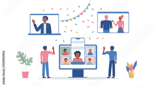 A virtual meeting with multiple participants on different devices connected by technology online now today