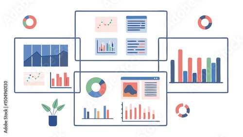 Various data visualizations displayed including bar charts line graphs and pie charts with plant decor present
