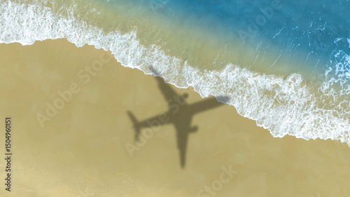 Aerial view of shadow passenger plane silhouette and sandy beach blue sea with waves at sea beach summer vacation sea travel concept	
