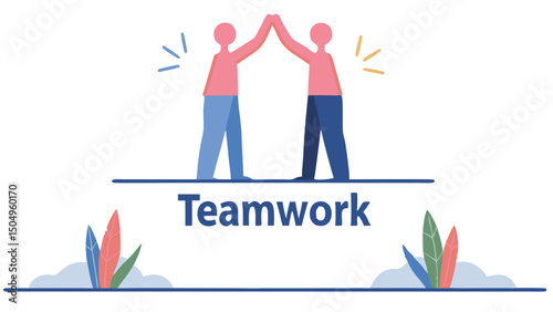 Two figures high fiving above the word teamwork with decorative leaves and sparkling effects around them