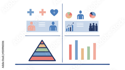 A graphic illustration showing charts and diagrams representing data and information visualization tools