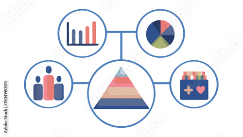 A graphic representation showing charts, people, pyramid, and donation boxes connected with lines and circles