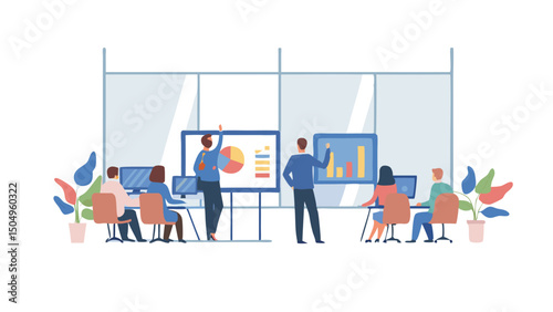 A business presentation with charts and graphs being shown to a group in a modern office setting room