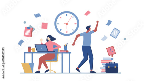 Deadline pressure celebrating relief after a tight project completion flat vector illustration on