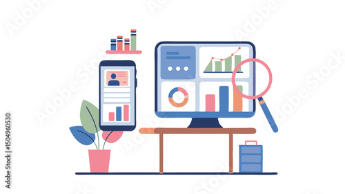 Illustration of a computer monitor and a mobile phone displaying data charts and graphs on a white background