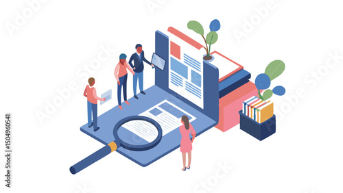 Isometric illustration of people analyzing data on a laptop with a magnifying glass and plant decor