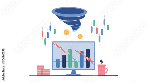 A stylized illustration showing a tornado above a computer screen displaying a downward trending graph chart