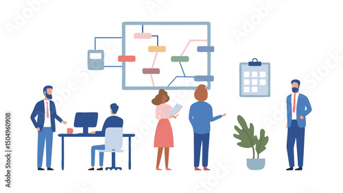 Team collaboratively mapping project workflows in a modern office setting with crisp lines 