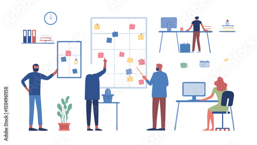Illustrated office scene with people collaborating around a whiteboard and individual workstations present