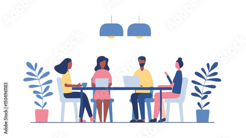 A diverse team collaborating around a table in a bright office space with plants and modern lighting fixtures