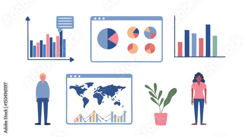 Illustration of data analytics with charts graphs maps and people on a white background showcasing insights