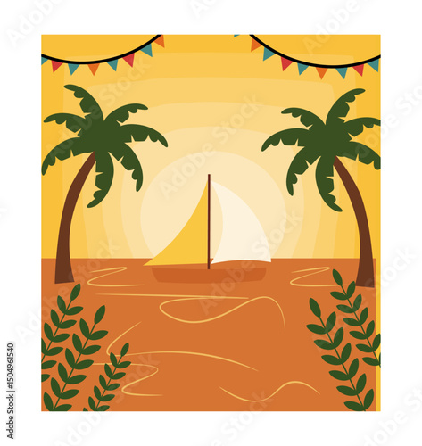 Cheerful Summer Solstice Illustrations with Sunflowers, Suns, and Tropical Scenes-08