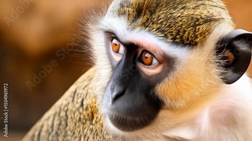 Close-up portrait of a vervet monkey with its captivating eyes and distinct facial features, showcasing the animal's beauty.