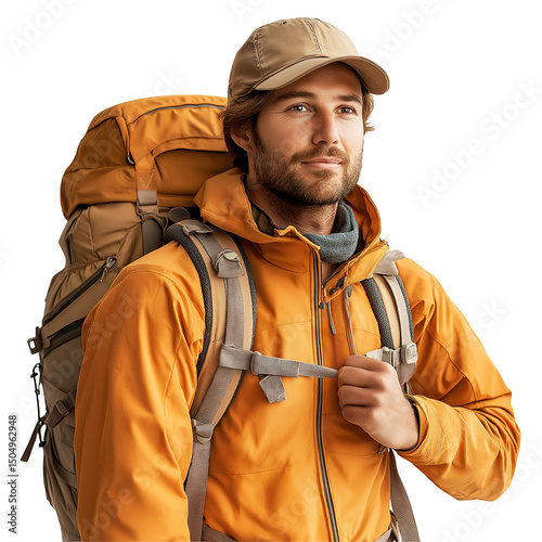Male hiker with backpack in orange jacket, isolated on white background