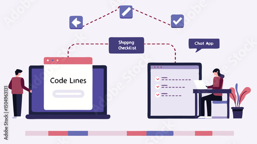 Illustration of software development process with code lines and check marks on a laptop screen view