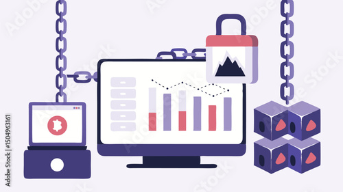 Illustration of chained devices with a laptop, tablet showing charts, padlock and stacked cubes