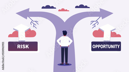 A cartoon illustration depicting a person at a crossroads with risk and opportunity labels and cloud graphics