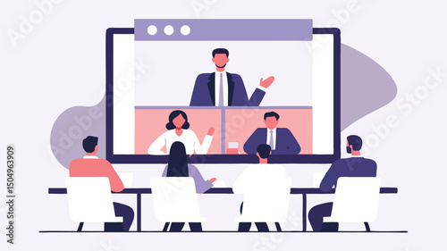 Illustration of a virtual meeting with four participants on screen and four viewers in the room setting