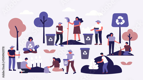 Illustration depicting a group of people cleaning up the environment with trees and recycling bins around them