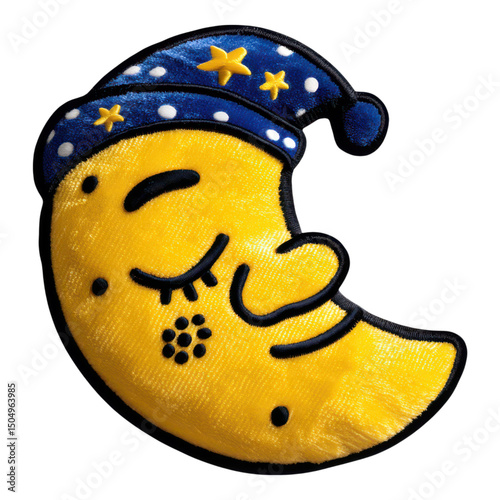 A plush crescent moon wearing a blue nightcap with stars and polka dots, featuring a sleepy, smiling face.