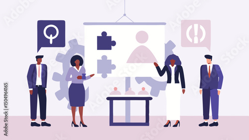 Business professionals presenting strategy with puzzle pieces and chart in a meeting setting illustration