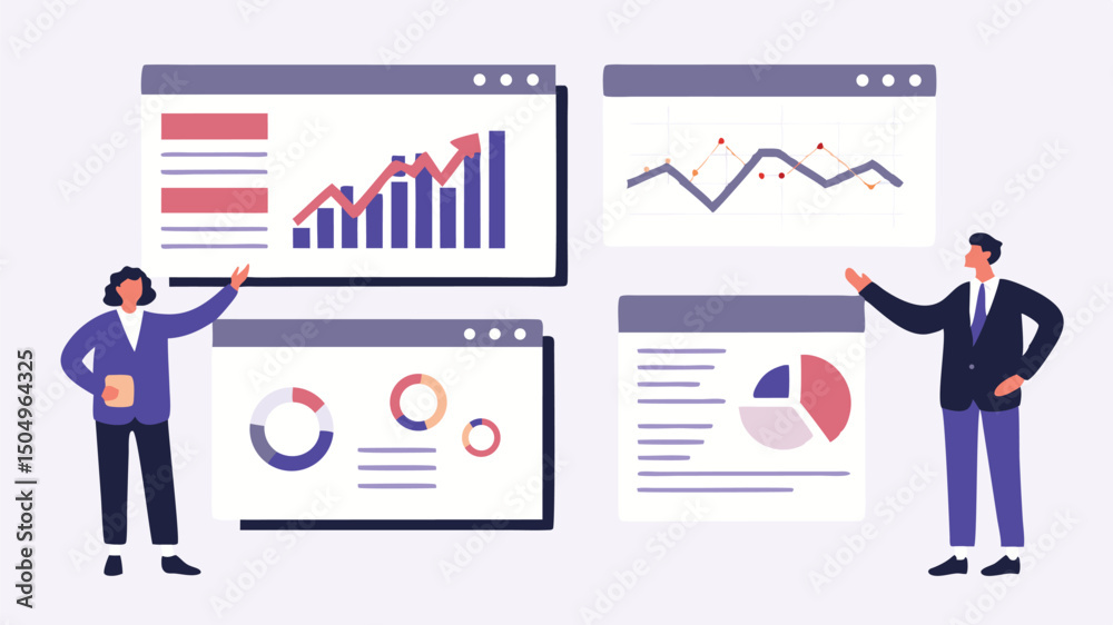 Fototapeta premium Two people presenting data visualizations on screens with charts and graphs in a business setting scene
