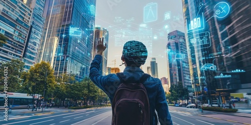 A person navigating a smart city with augmented reality directions floating in the air