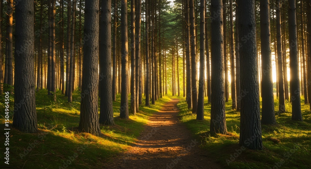 Naklejka premium Sunlight filtering through trees on a forest walking trail. 