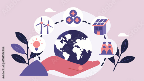 Illustration depicting renewable energy sources and environmental conservation around the world concept art