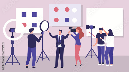 A vector illustration of a film crew shooting a scene with lights cameras and a director in a studio set