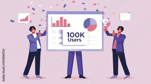 Two men celebrating hundred thousand users with graphs and confetti on a light purple background scene