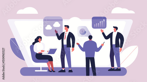 Illustration of business team collaborating with digital interface and cloud technology integration view