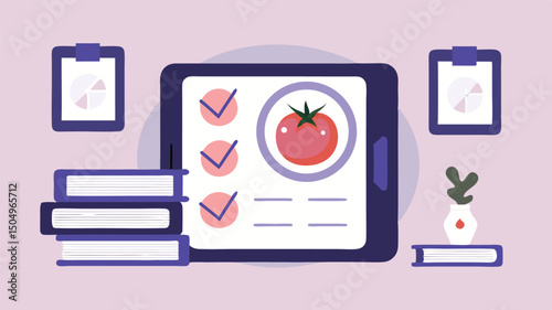 Illustration of a tablet displaying a tomato and checklists with books and clipboards around it on a shelf