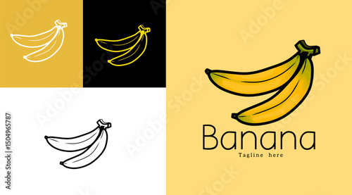 Colorful banana logo design with outline and flat versions. Great for fruit branding, food packaging, healthy snacks, or organic product labels.