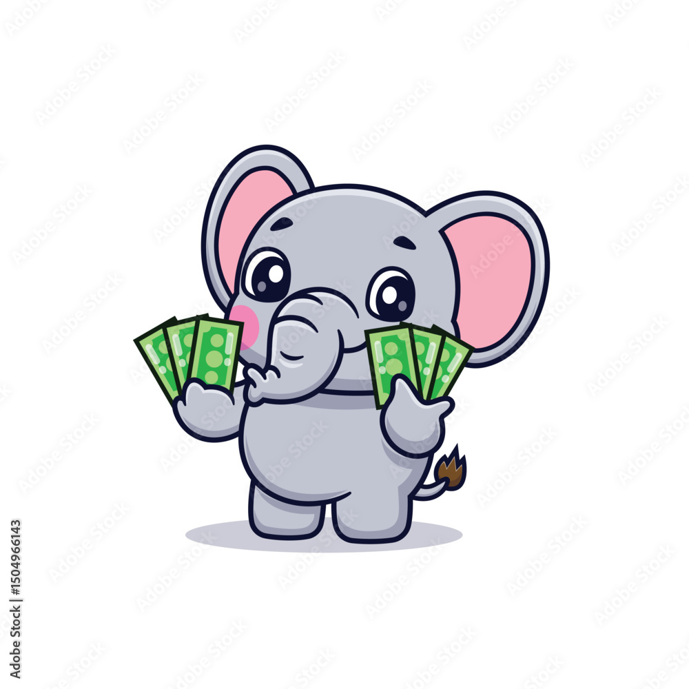 Fototapeta premium Cute Cartoon Elephant Holding Lots of Money, Illustration Icon Vector, Animals,Business, Cartoon Style Flat.