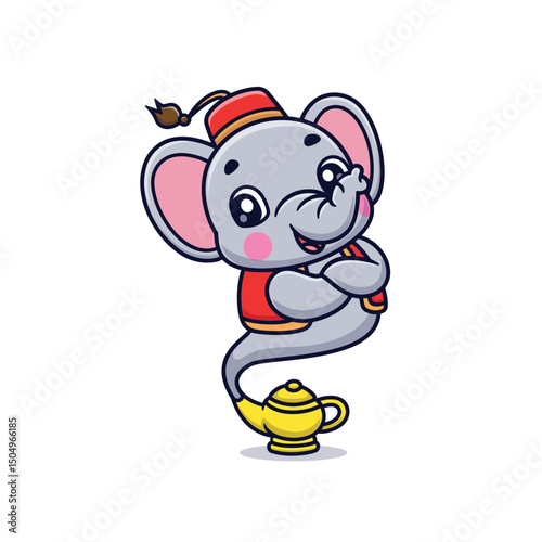 Cute Cartoon of Aladdin's Elephant in a Teapot, Illustration Icon Vector, Animals Holidays, Cartoon Style Flat.