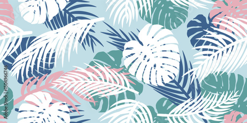 Seamless pattern coconut and monstera leaves on light blue background Tropical summer Vector illustration