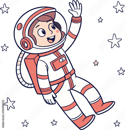 cute kid astronaut floating in space with stars