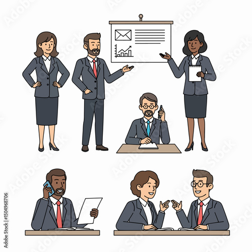 Vector set of 6 CEO characters in different poses. Flat design, simple and minimalist style. Plain white background.