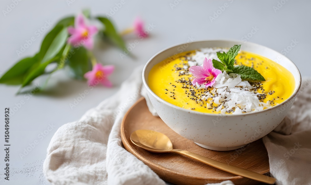 Creamy Mango Smoothie Bowl topped with chia seeds and coconut flakes, Generative AI Creamy Mango Smoothie Bowl topped with chia seeds and coconut flakes, Generative AI