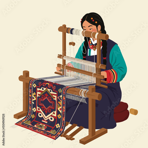 Woman Weaving Colorful Carpet on Loom with Traditional Craftsmanship