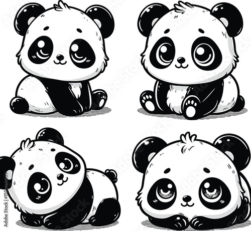 Cute Baby Panda Cartoon Vector Set – Adorable Kawaii Style Black and White Panda Illustrations